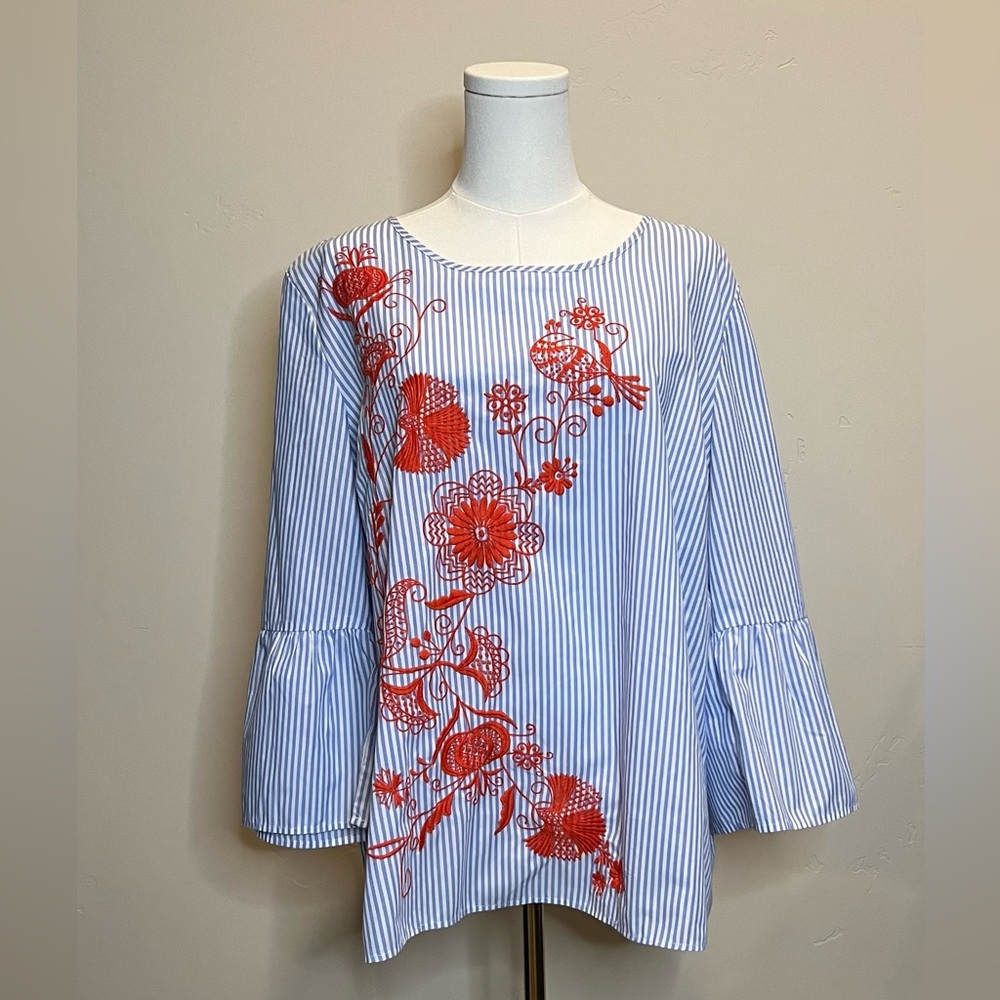 Crown & Ivy Blue Striped Blouse with Red Embroidered Design